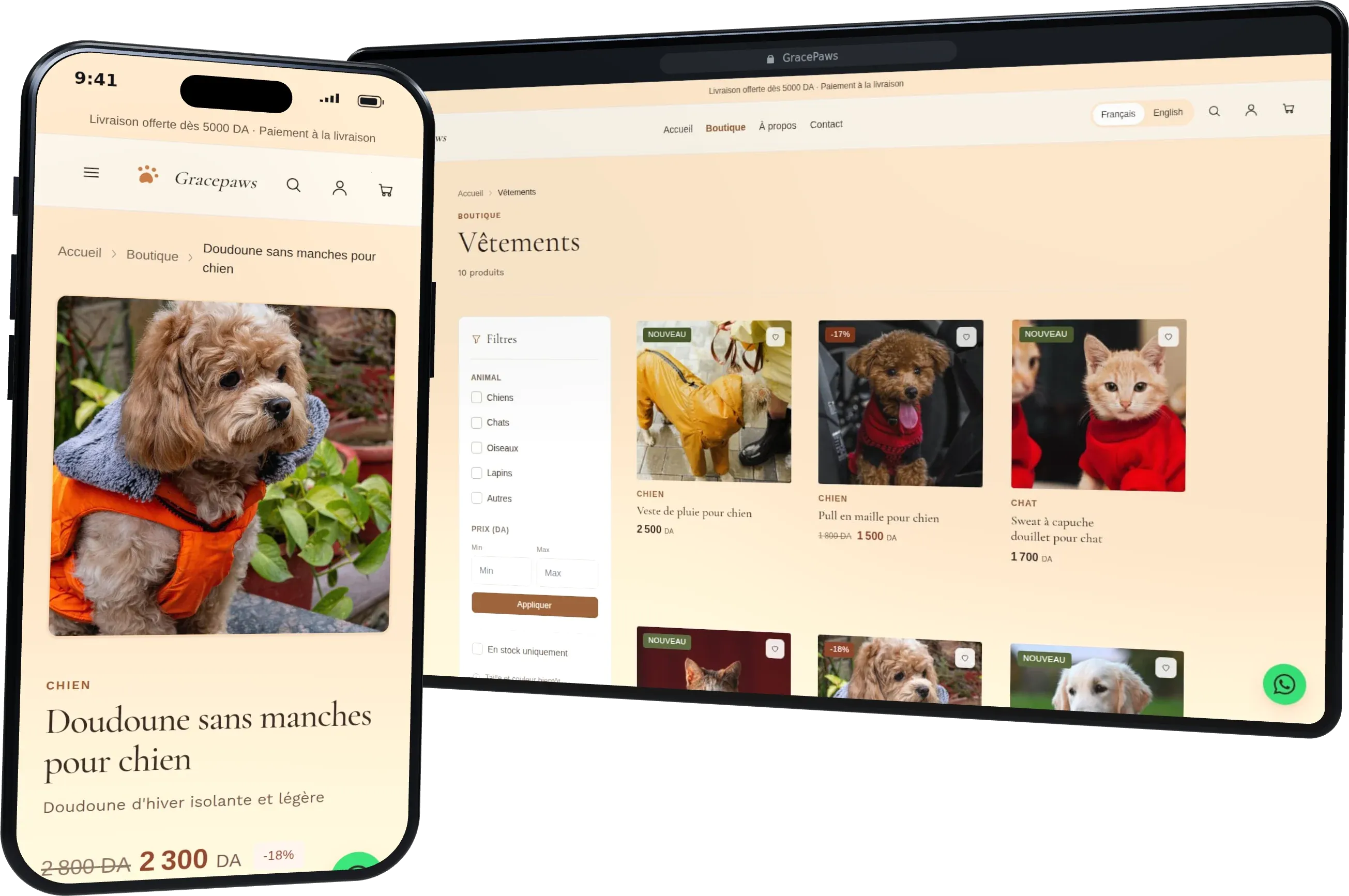 La boutique GracePaws sur ordinateur et sur téléphone