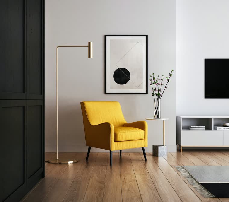 A light-filled Denver living room, styled for market